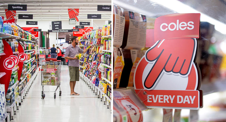 Coles shopper in supermarket aisle; Coles prices down sign