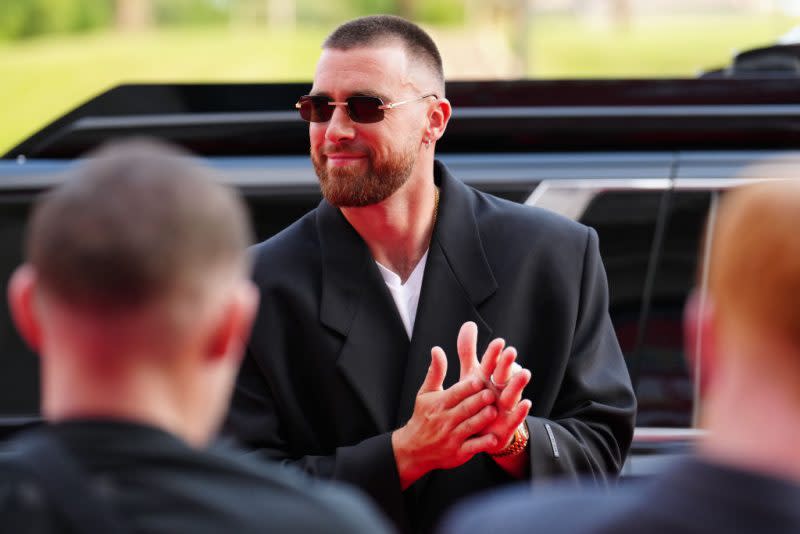 Kansas City Chiefs tight end Travis Kelce on the red carpet at the Kansas City Chiefs ring ceremony at Union Station on June 15, 2023 in Kansas City, Missouri. (Photo by Jason Hanna/Getty Images)