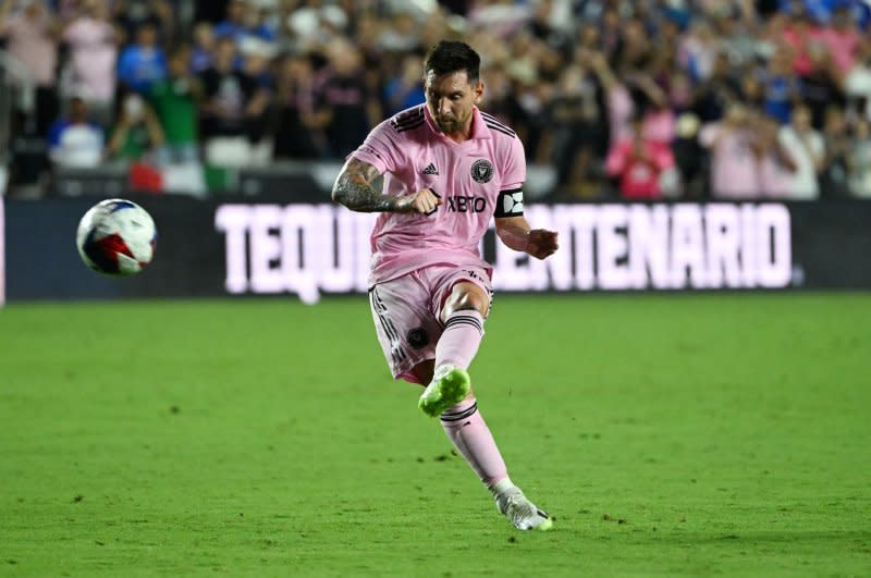 Inter Miami striker Lionel Messi kicks the game-winning free kick against Cruz Azul on Friday at DRV PNK Stadium in Fort Lauderdale, Fla. Photo by Larry Marano/UPI