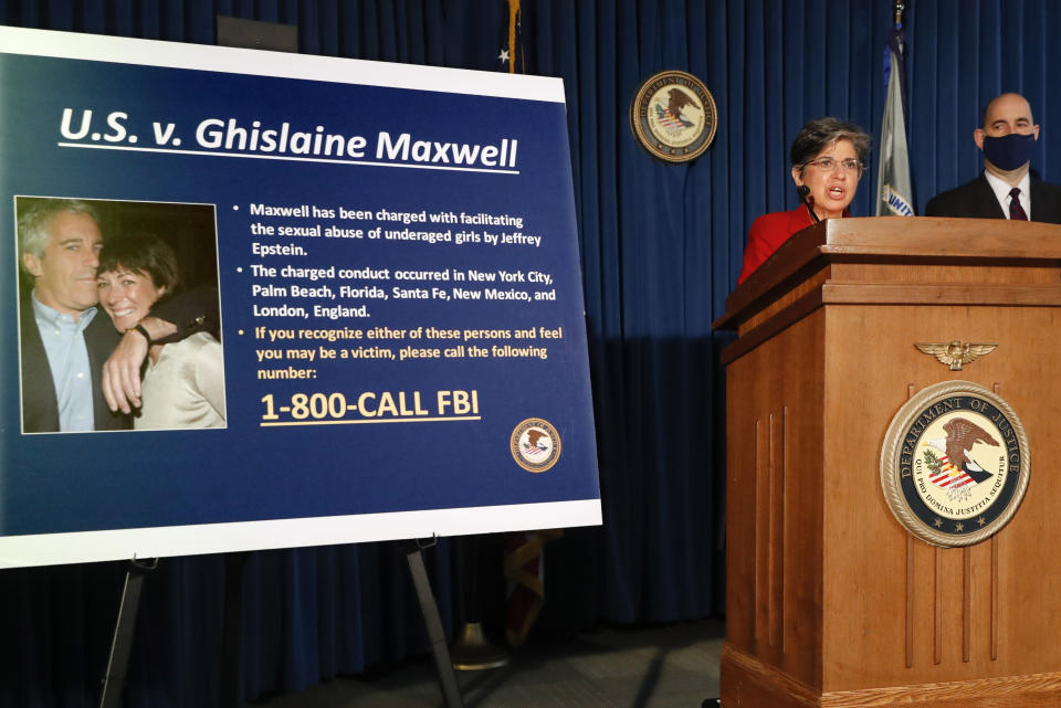 Audrey Strauss, Acting United States Attorney for the Southern District of New York, center, speaks alongside William F. Sweeney Jr., Assistant Director-in-Charge of the New York Office of the Federal Bureau of Investigation, right, during a news conference to announce charges against Ghislaine Maxwell for her alleged role in the sexual exploitation and abuse of multiple minor girls by Jeffrey Epstein, Thursday, July 2, 2020, in New York. (AP Photo/John Minchillo)