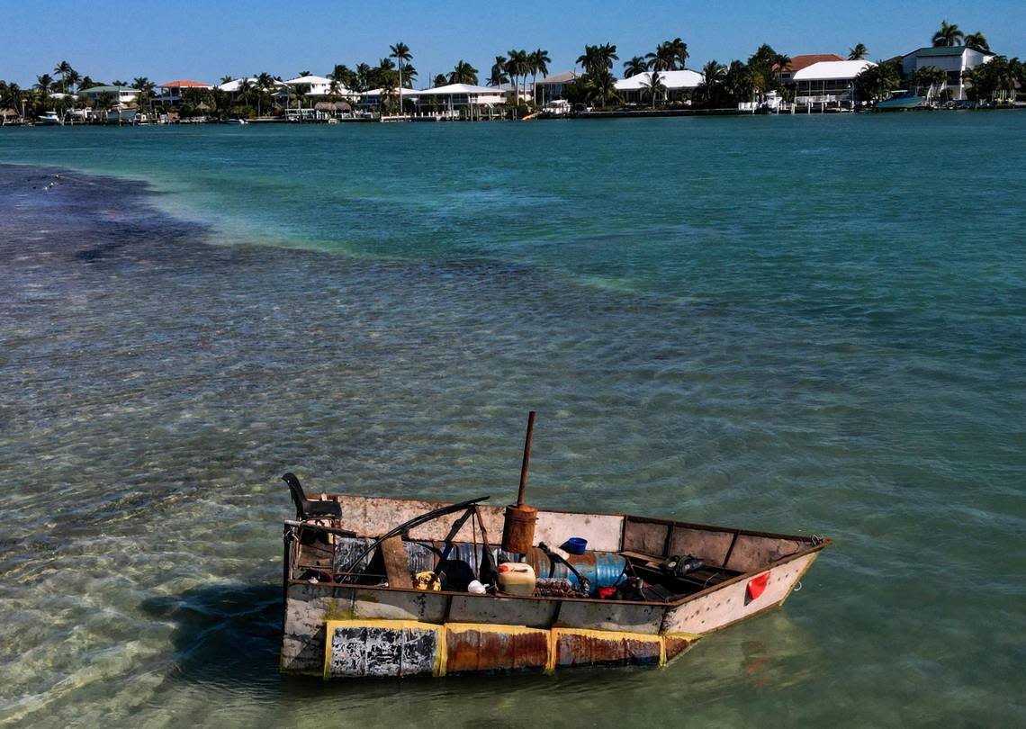 A vessel used by Cuban migrants floats off Duck Key in the Florida Keys on Jan. 14, 2023.