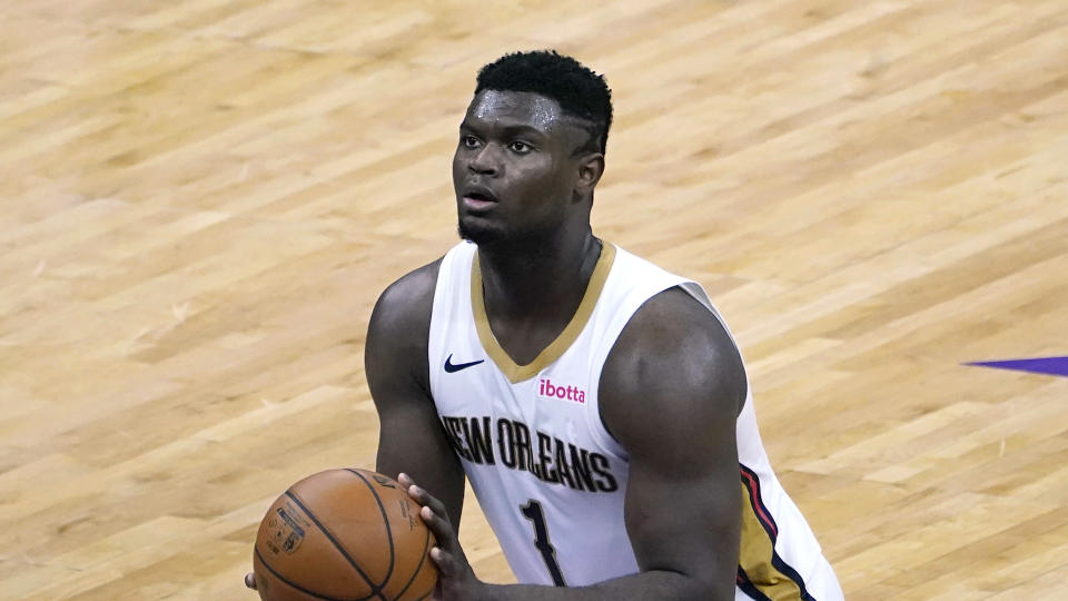 New Orleans Pelicans forward Zion Williamson shoots a free throw during the first quarter of an NBA basketball game against the Sacramento Kings in Sacramento, Calif., Sunday Jan. 17, 2021. The Pelicans won 128-123.(AP Photo/Rich Pedroncelli)