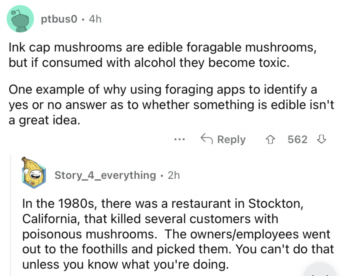 Reddit screenshot about ink cap mushrooms being deadly.