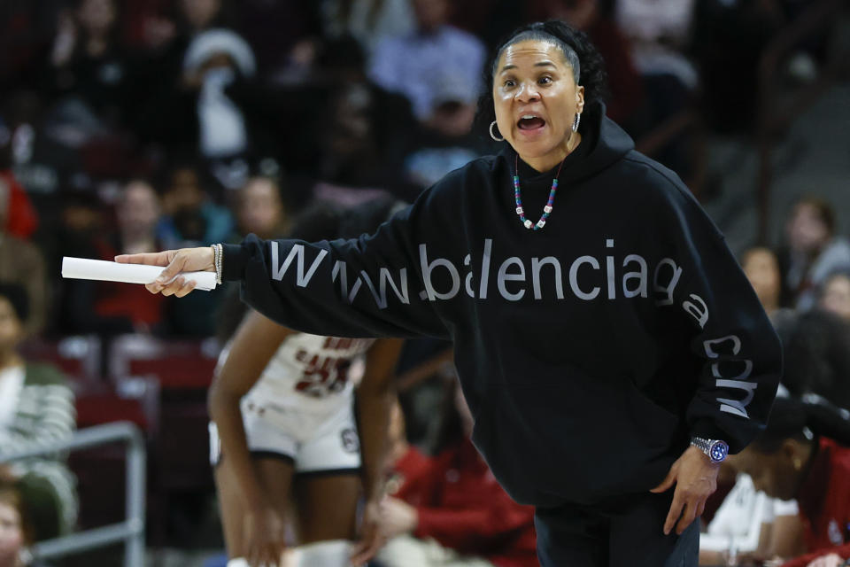 South Carolina head coach Dawn Staley directs her team against Mississippi State during the first half of an NCAA college basketball game in Columbia, S.C., Sunday, Jan. 7, 2024. (AP Photo/Nell Redmond)