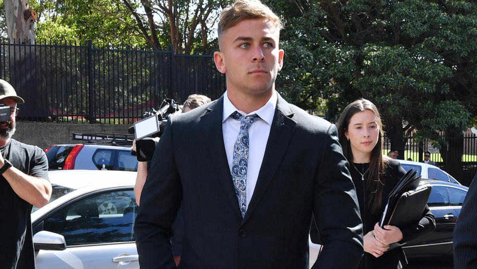 Callan Sinclair, co-accused with Jack de Belin, pictured here arriving at Wollongong District Court.