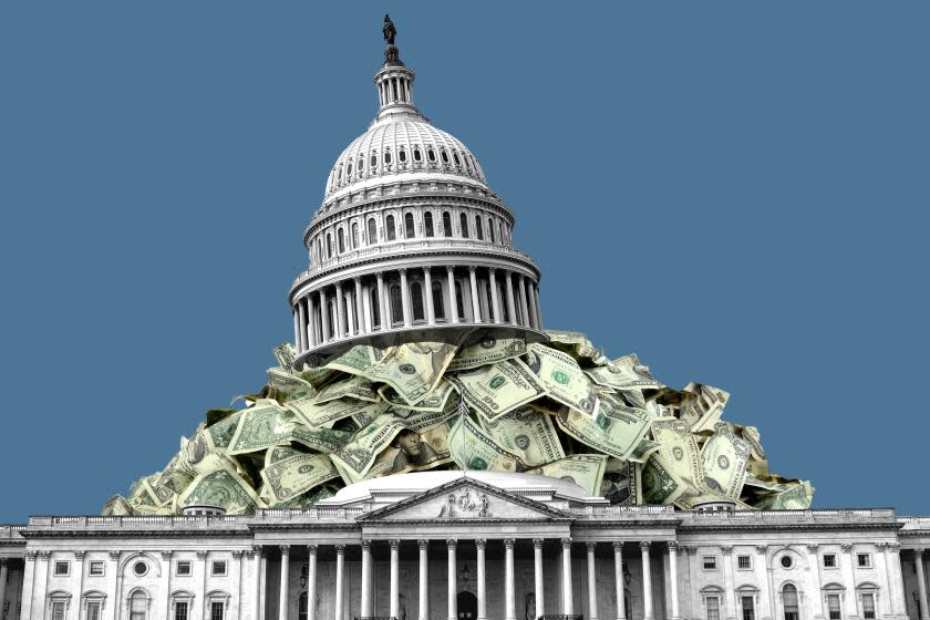 Photo illustration of the US Capitol building with money spilling out from under the dome.