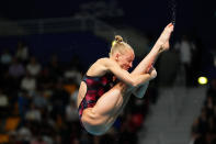Sarah Bacon of the United States competes during the women's 3m springboard diving final at the World Aquatics Championships in Doha, Qatar, Friday, Feb. 9, 2024. (AP Photo/Hassan Ammar)
