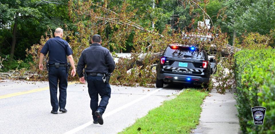 A Cohasset police officer was not in his cruiser when a tree fell and crushed the car Saturday, Sept. 16, 2023.