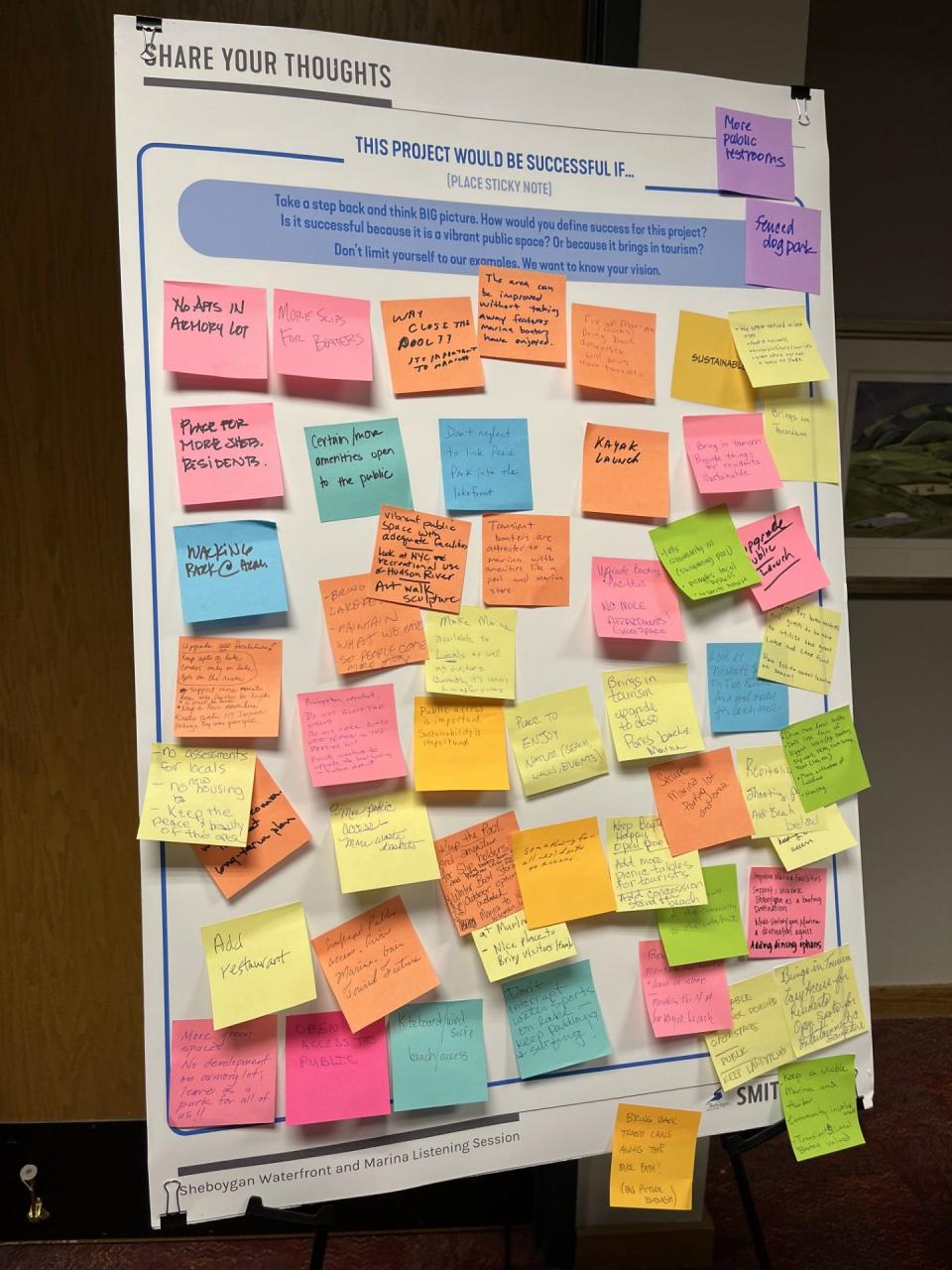 A poster at the Sheboygan waterfront and marina revitalization public meeting holds sticky notes with community suggestions, as seen, Tuesday, April 30 in Sheboygan, Wis.