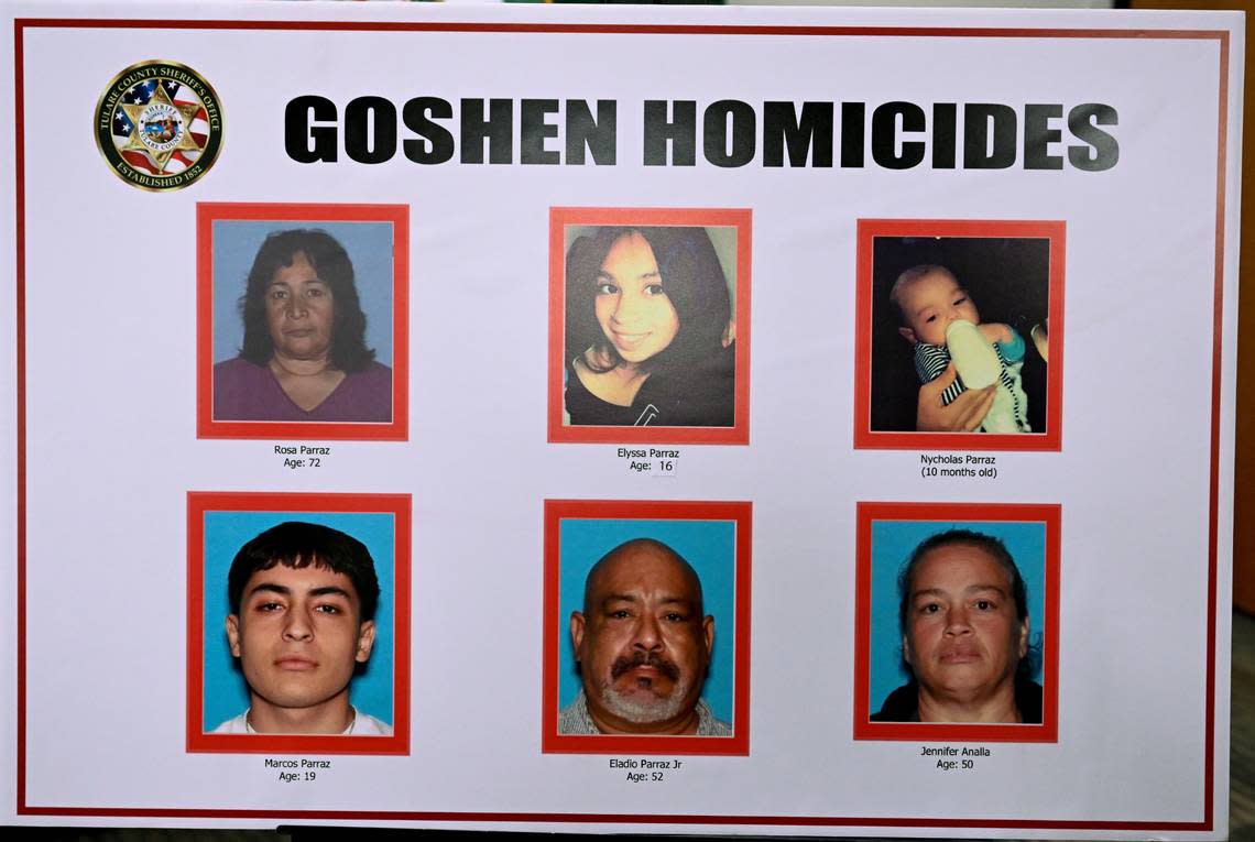 The victims of a shooting in Goshen, Calif., are displayed during a news conference, Tuesday, Jan. 17, 2023, in Visalia, Calif. (Ron Holman/The Times-Delta via AP)