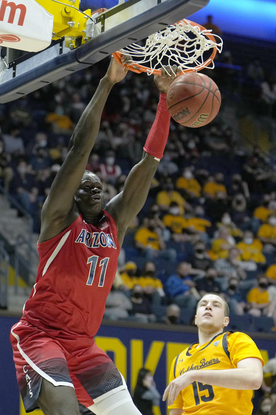 Arizona center Oumar Ballo (11) dunks against California forward Grant Anticevich (15) during the first half of an NCAA college basketball game in Berkeley, Calif., Sunday, Jan. 23, 2022. (AP Photo/Tony Avelar)