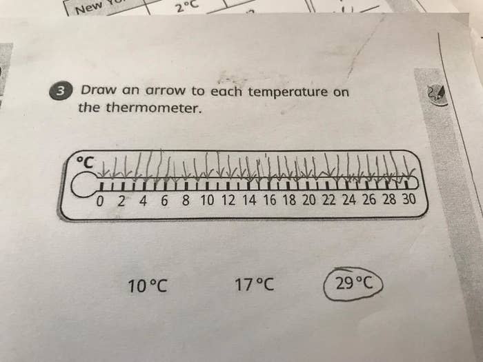 Worksheet showing a thermometer marked from 0°C to 30°C. Instructions: "Draw an arrow to each temperature on the thermometer." Temperatures: 10°C, 17°C, 29°C