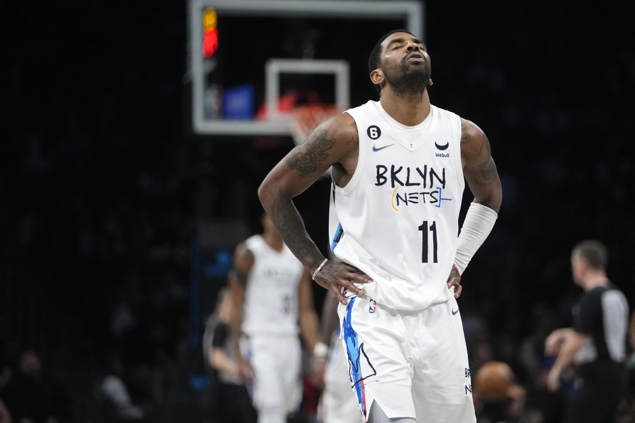Kyrie Irving reportedly requested a trade from the Brooklyn Nets in a season he was suspended for promoting antisemitic content on social media amid other Nets turmoil. (AP/Frank Franklin II)
