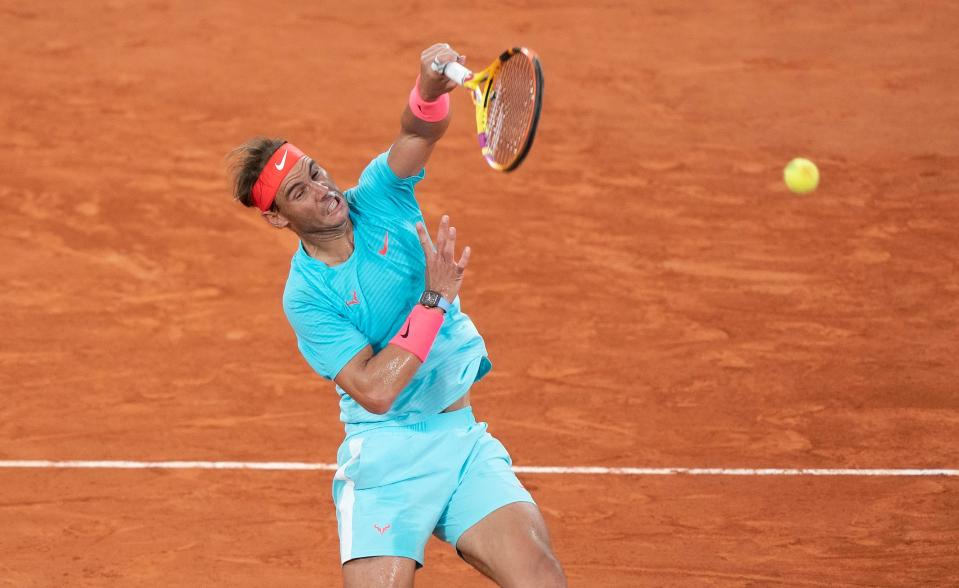 Rafael Nadal shown in action during his match against Novak Djokovic during the final at the French Open.