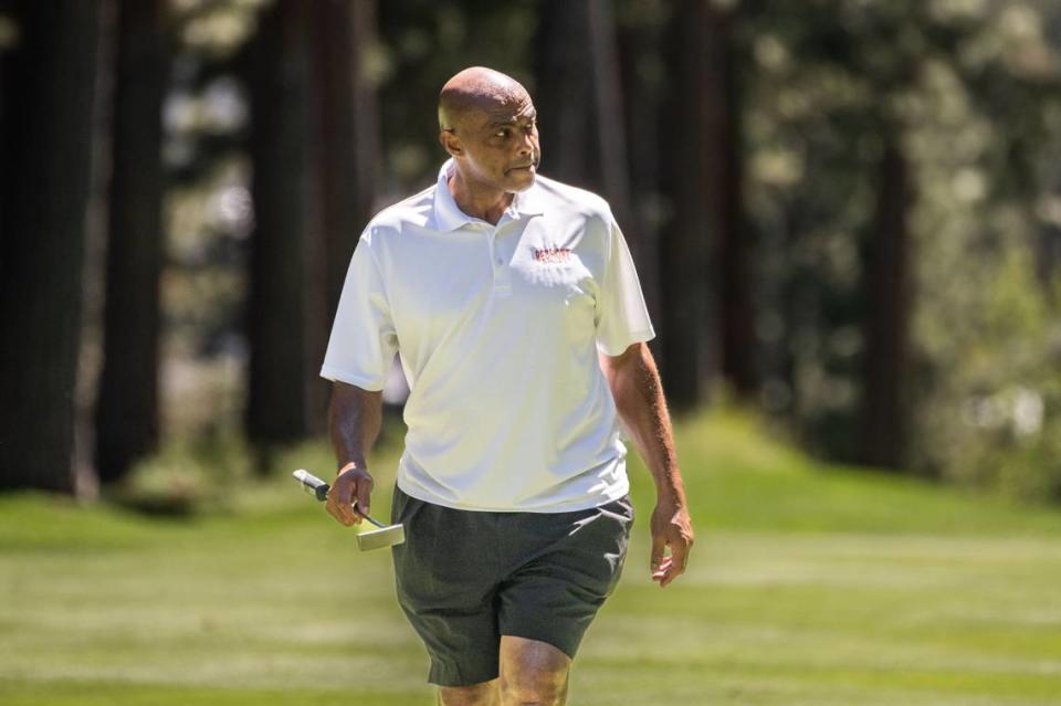 NBA Hall of Famer Charles Barkley listens to fans on Thursday, July 13, 2023 during the second and final practice round of the American Century Championship celebrity golf tournament at Edgewood Tahoe Golf Course in Stateline, Nev.