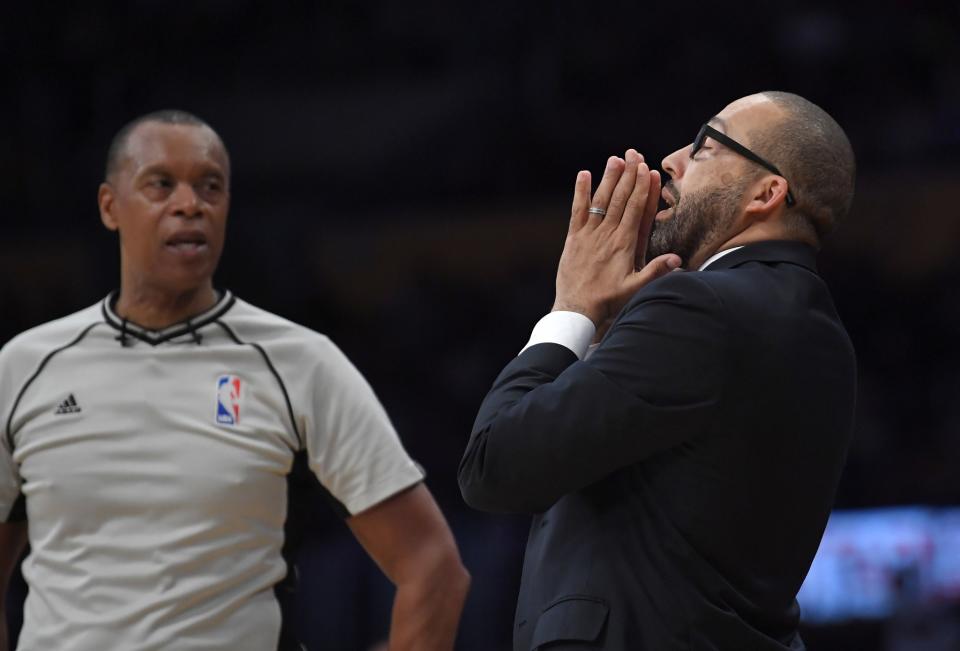 Grizzlies head coach David Fizdale prays to the basketball gods for some help beating the Lakers. (AP)