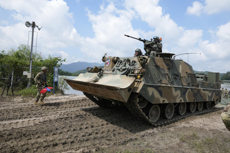 South Korea's military vehicle is led by U.S. soldiers during the combined wet gap crossing military drill between South Korea and the United States as a part of the Ulchi Freedom Shield military exercise in Cheorwon, South Korea, Thursday, Aug. 31, 2023. (AP Photo/Lee Jin-man)