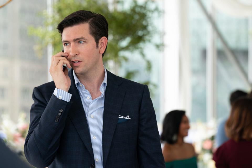 Cousin Greg (Nicholas Braun) has much to lose on "Succession."