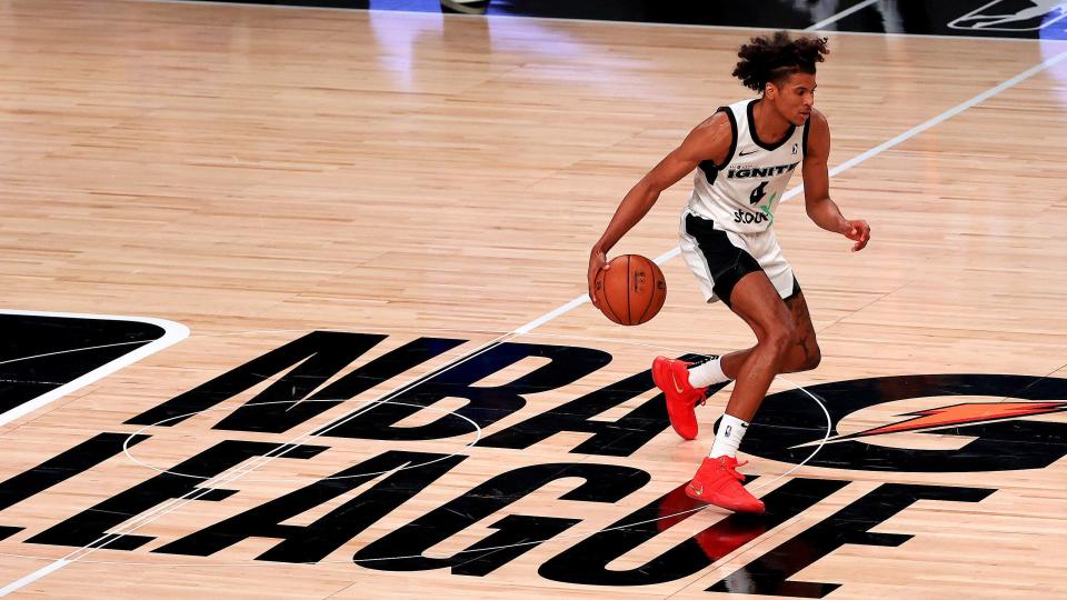 Jalen Green of the G League Ignite brings the ball up the floor against the Westchester Knicks at AdventHealth Arena at ESPN Wide World Of Sports Complex on February 18, 2021 in Lake Buena Vista, Florida.