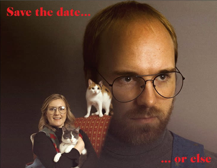 Caitlin Bailey and Clayton Hoy scare their guests with this save-the-date card. (Photo: Robin Sharp)