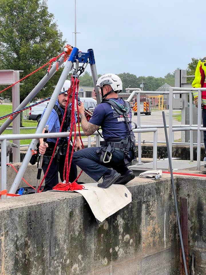 Brockton firefighters rescue a baby deer trapped in a pipe at the sewage treatment plant Monday afternoon, July 10, 2023.