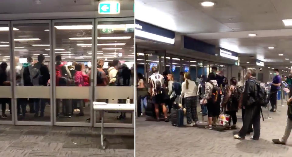 Passengers seen queueing at Sydney Airport Thursday morning. Source: Twitter/Sally Prosser