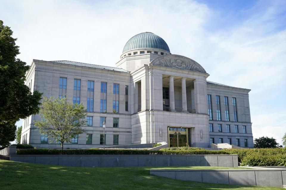 The Iowa Judicial Branch Building is shown Friday, June 17, 2022, in Des Moines, Iowa. (AP Photo/Charlie Neibergall)