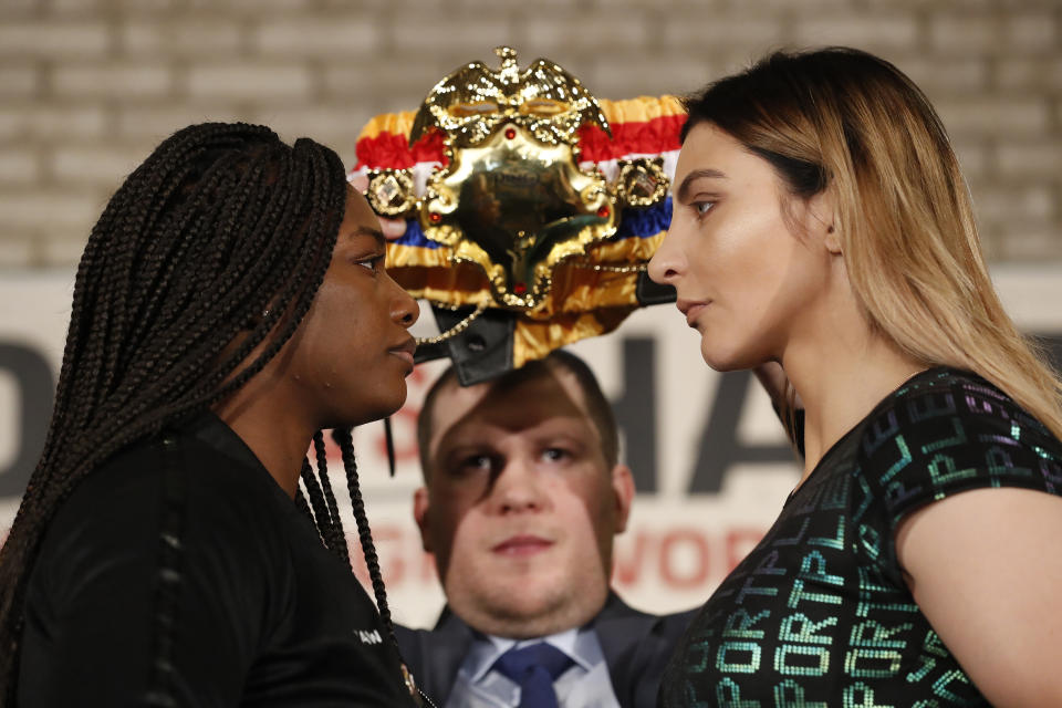 Claressa Shields (L) and Christina Hammer face-off during a news conference at the Dream Hotel Downtown in New York. (Getty Images)