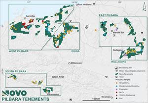 Map of the Novo Resources’ 10,500 sq. km exploration tenement portfolio in the Pilbara Western Australia.