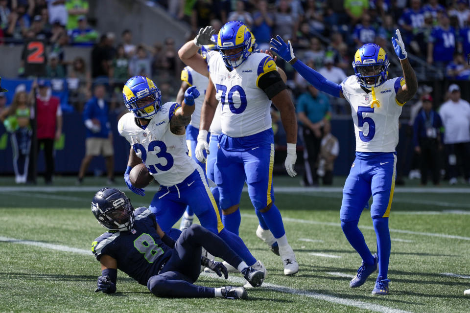 Los Angeles Rams running back Kyren Williams celebrates after scoring against the Seattle Seahawks during the second half of an NFL football game Sunday, Sept. 10, 2023, in Seattle. (AP Photo/Stephen Brashear)
