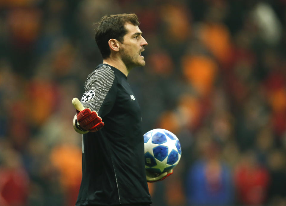 Porto goalkeeper Iker Casillas gives instructions during the Champions League Group D soccer match between Galatasaray and Porto in Istanbul, Tuesday, Dec. 11, 2018. (AP Photo/Lefteris Pitarakis)