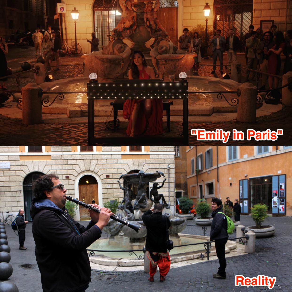 The Piazza Mattei in "Emily in Paris" and real life.