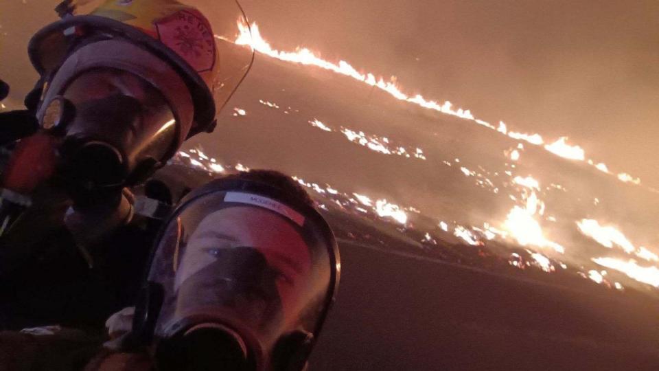 PHOTO: Nathan Slater and Gage Hardman, junior volunteer firefighters with the Hoover Volunteer Fire Department in Pampa Texas, pose for a selfie while on duty fighting a wildfire on Feb. 26, 2024. (Gage Hardman)