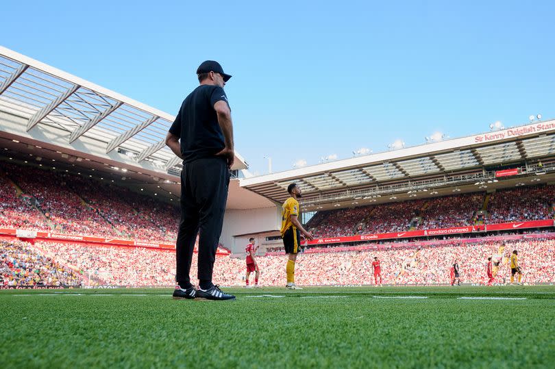 Manager Jurgen Klopp of Liverpool during the Premier League match between Liverpool FC and Wolverhampton Wanderers at Anfield on May 19, 2024 in Liverpool, England.