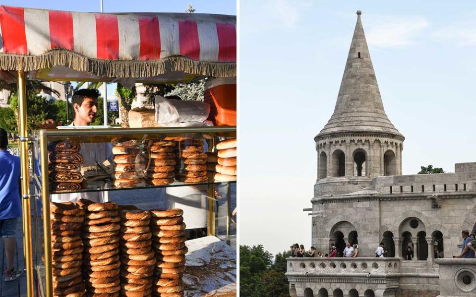 From left: A vendor selling simit, a bagel-like snack, in Istanbul; visitors look out from the Fisherman’s Bastion, an iconic monument on Castle Hill, Budapest. | Katherine Wolkoff