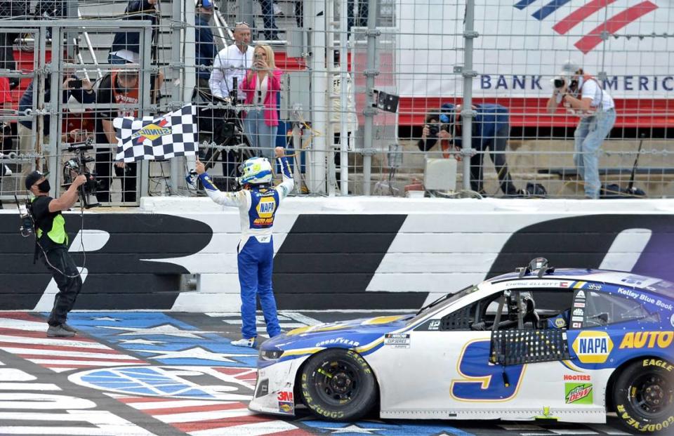 NASCAR driver Chase Elliott celebrates winning the Bank of America Roval 400 at Charlotte Motor Speedway in Concord, NC on Sunday, October 11, 2020.