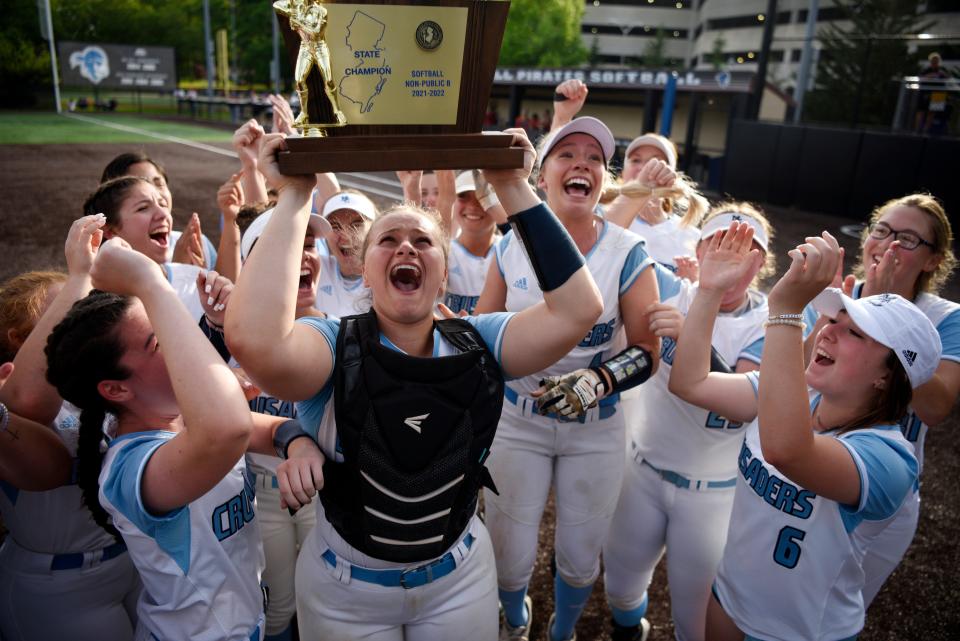 Morris Catholic celebrates defeating St. Joseph in the NJSIAA Non-Public B softball title game at Ivy Hill Park in Newark on Friday, June 3, 2022. 