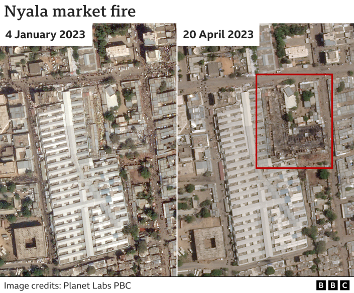 A satellite image shows fire damage to a market in Nyala