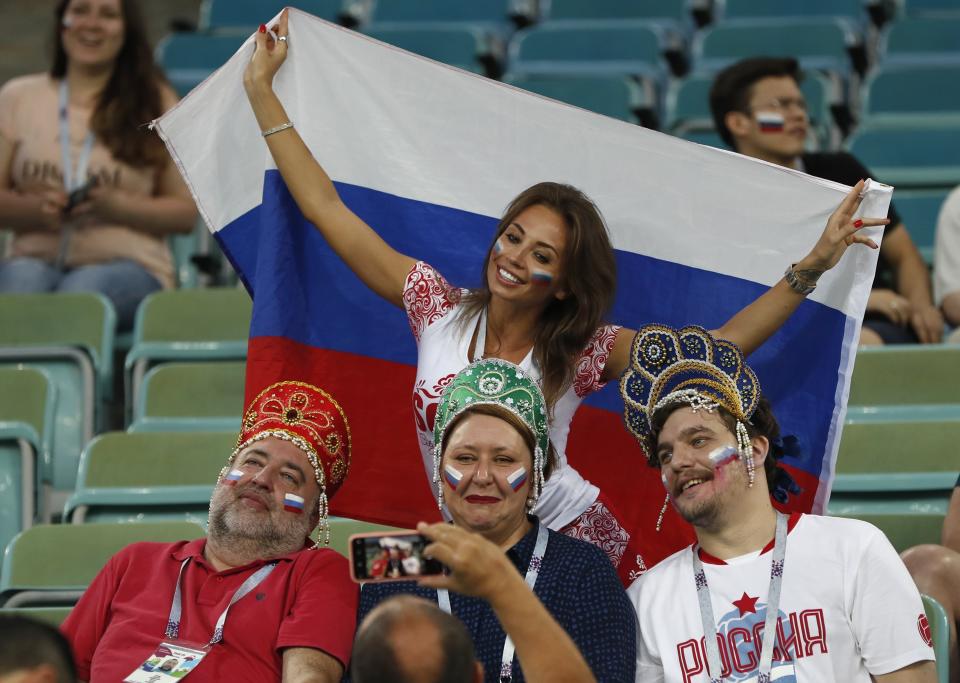 <p>Russian fans look on prior match </p>