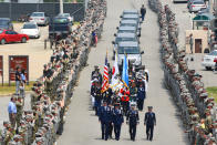 <p>Members of the United Nations Command stand at attention upon the arrival of 55 boxes of remains thought to be of U.S. soldiers killed in the 1950-53 Korean War, returned by North Korea to the U.S., during a return ceremony at the Osan Air Base in South Korea, July 27, 2018. (Photo: U.S. Army/ Sgt. Ashley Tyler/Handout via Reuters) </p>