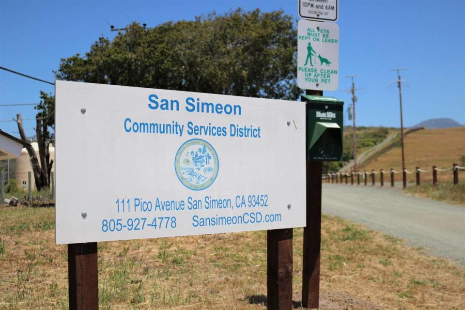 A sign marks the San Simeon Community Services District headquarters.