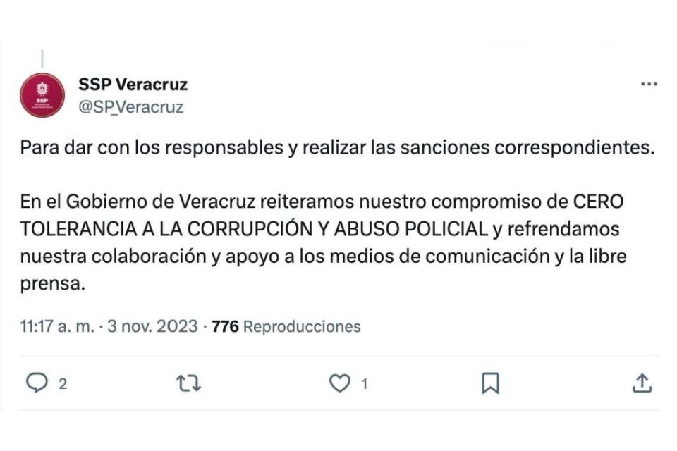 Tuit de la SSP de Veracruz negando las agresiones contra periodistas que fueron documentadas en video.