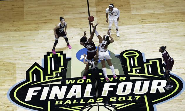 FILE - Mississippi State center Teaira McCowan (15) and South Carolina forward A'ja Wilson (22) reach for the ball on the opening tipoff of the final of the NCAA women's college basketball tournament on April 2, 2017. (Photo: AP Photo/Eric Gay, File)