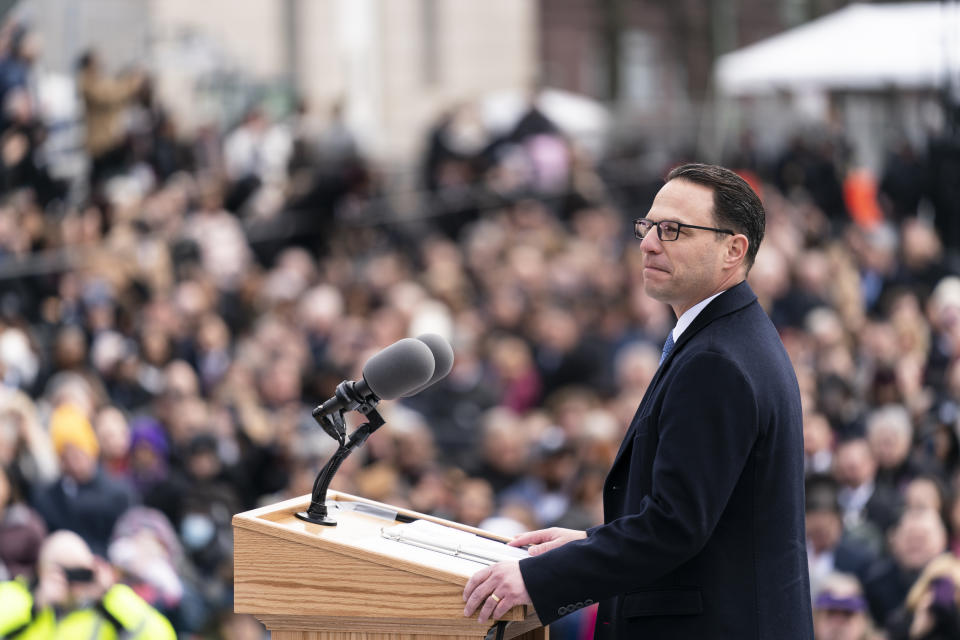 Democratic Gov. Josh Shapiro speaks after taking the oath of office to become Pennsylvania's 48th governor, Tuesday, Jan. 17, 2023, at the state Capitol in Harrisburg, Pa. (AP Photo/Matt Rourke)