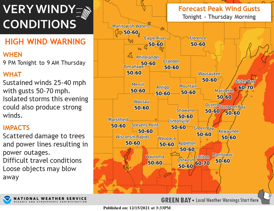 Wind gusts of up to 70 mph are possible in parts of the state Wednesday night.