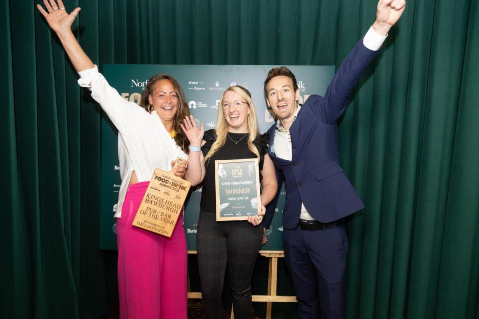 Eastern Daily Press: Left to right, Kandi Taylor, Emily Francis and Dom Flack of The Kings Head Bawburgh, last year's Pub/Bar of the Year