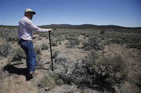 Cattle rancher Jeremy Hunt looks out over land, at a barbed wire fence in the Nephi Wash area outside Enterprise, Utah, April 10, 2014. REUTERS/Jim Urquhart