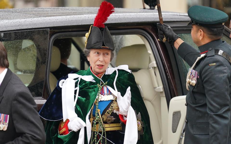 The Princess Royal is wearing the Thistle Mantle, made from deep green silk velvet with a lining of white taffeta - Jacob King/PA