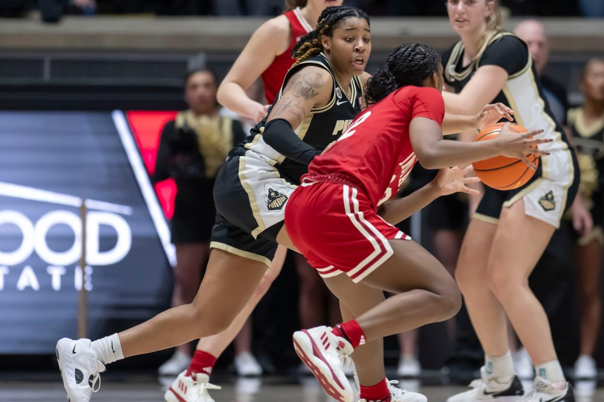 Purdue Boilermakers guard Jeanae Terry (10) tracks her opponent during the NCAA women’s basketball game against the Indiana Hoosiers, Sunday Jan. 21, 2024, at Mackey Arena in West Lafayette, Ind. Indiana won 74-68.