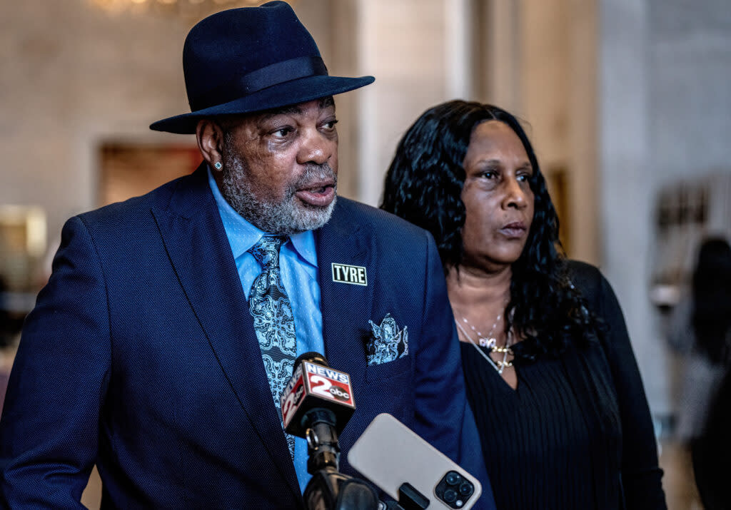 Rodney and RowVaughn Wells, parents of Tyre Nichols, talk to reporters in the Tennessee Capitol on March 14, 2024. (Photo: John Partipilo)